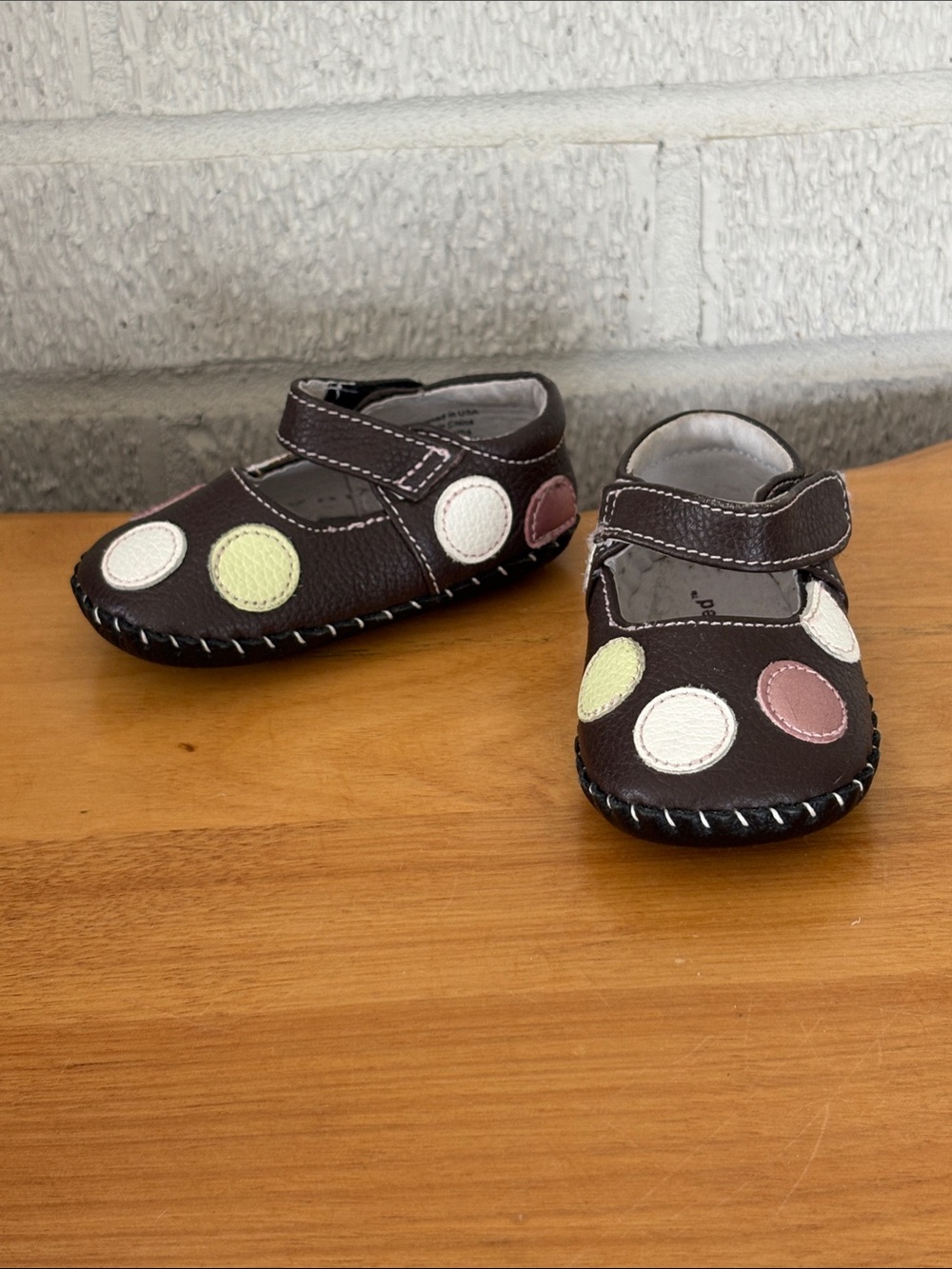Pediped Baby Girl Faux Leather Polka Dot Brown Pink Soft Mary Jane Shoes 0-6 mo